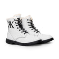 White Fur-Lined Leather Boots with Black 'KK' Monogram
