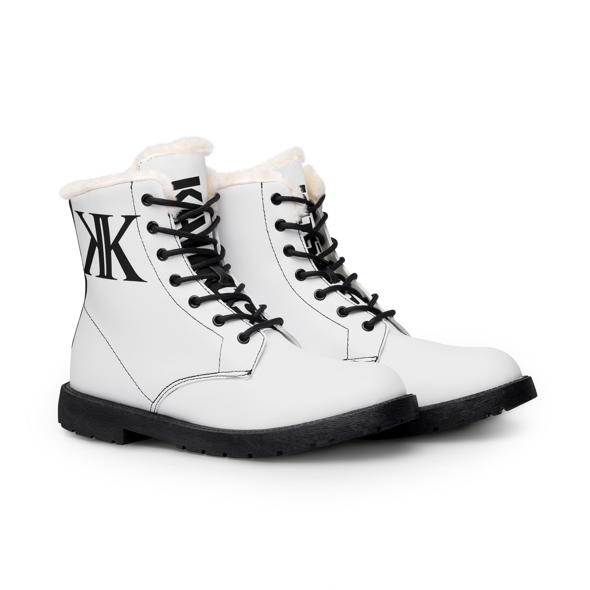 White Fur-Lined Leather Boots with Black 'KK' Monogram