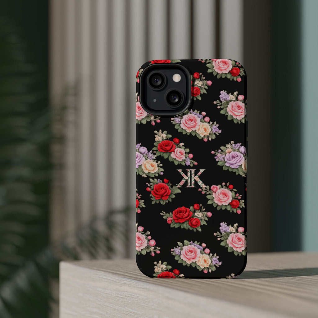 Anthos Collection BLACK Vintage Floral Rose Pattern Magnetic Impact-Resistant Phone Case