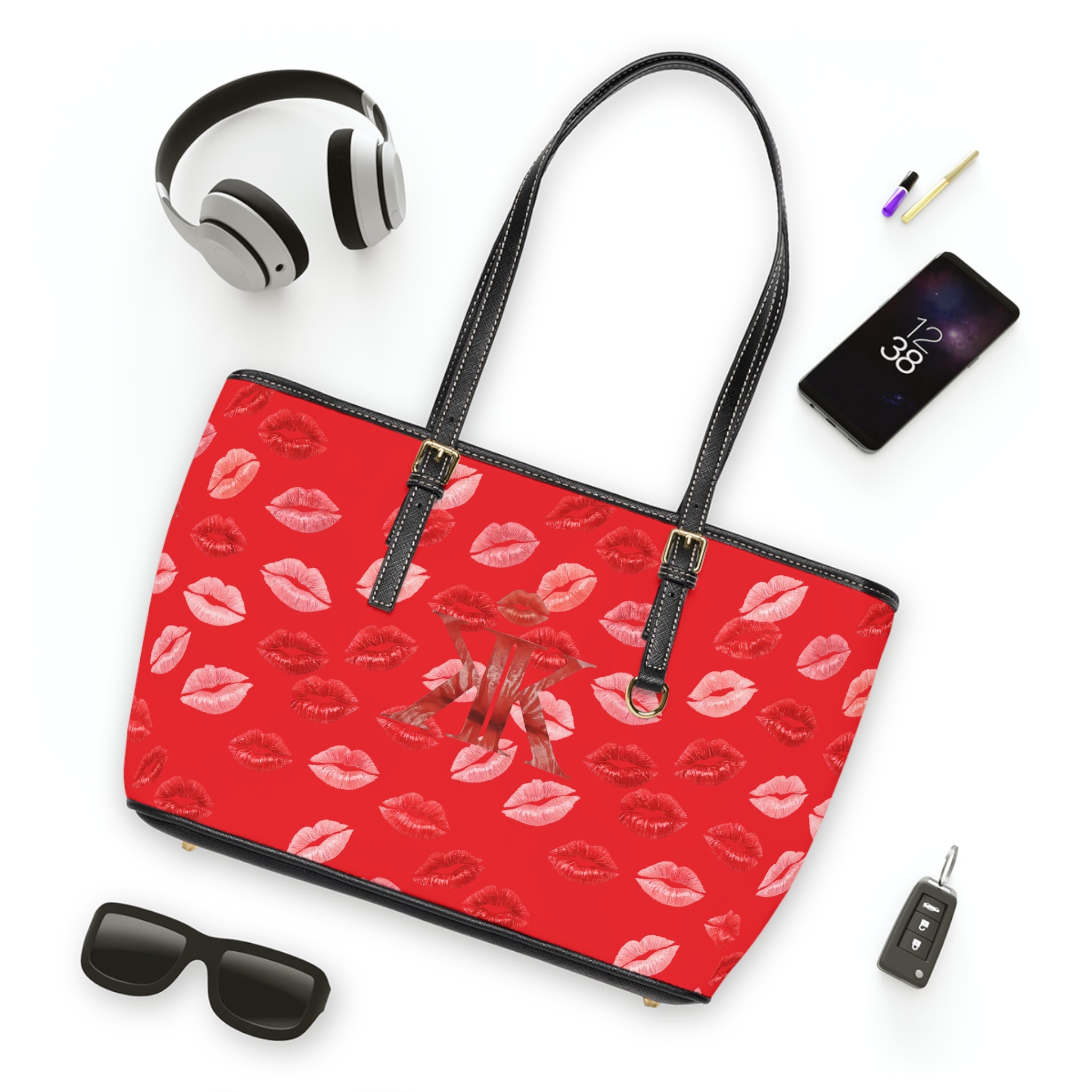 Psyche Collection RED Kiss Print PU Leather Shoulder Bag – Red Lipstick Pattern