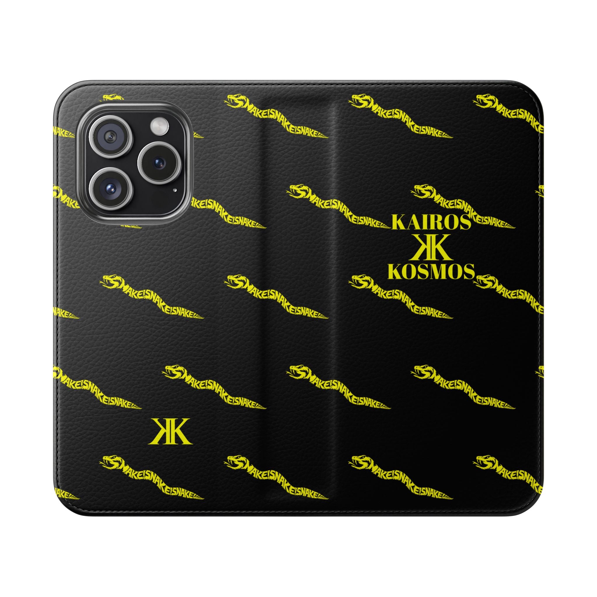 Aspis Collection Flip Case Phone Wallet — Black & Gold Kairos Kosmos Pattern