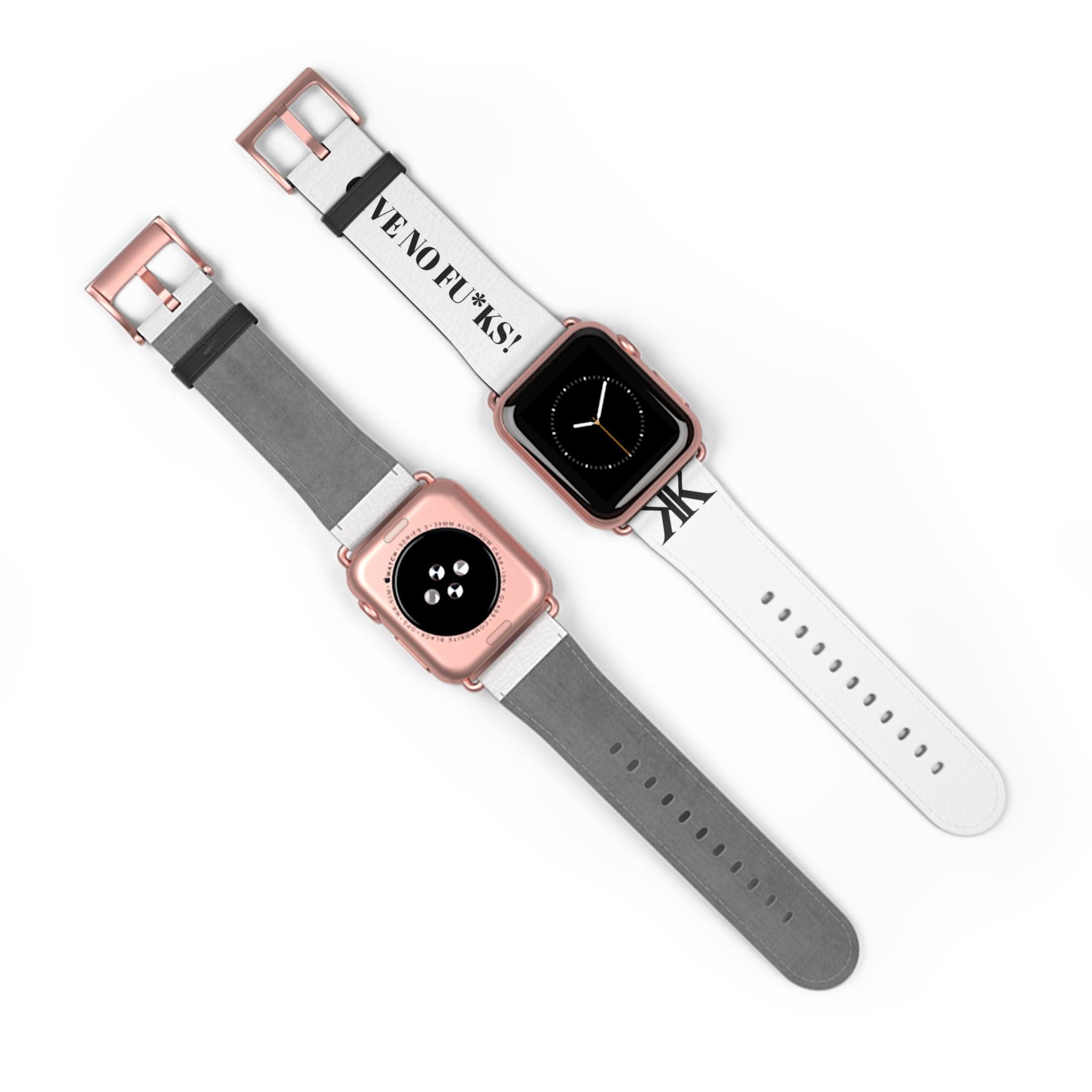 Watch Band — White Leather Strap with "GIVE NO FU*KS!" Text