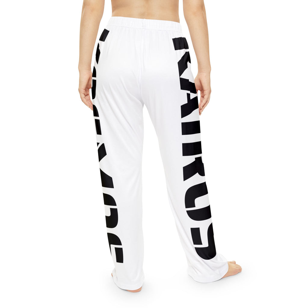 Side-Print Pajama Pants — Black Lettering on White Lounge Trousers
