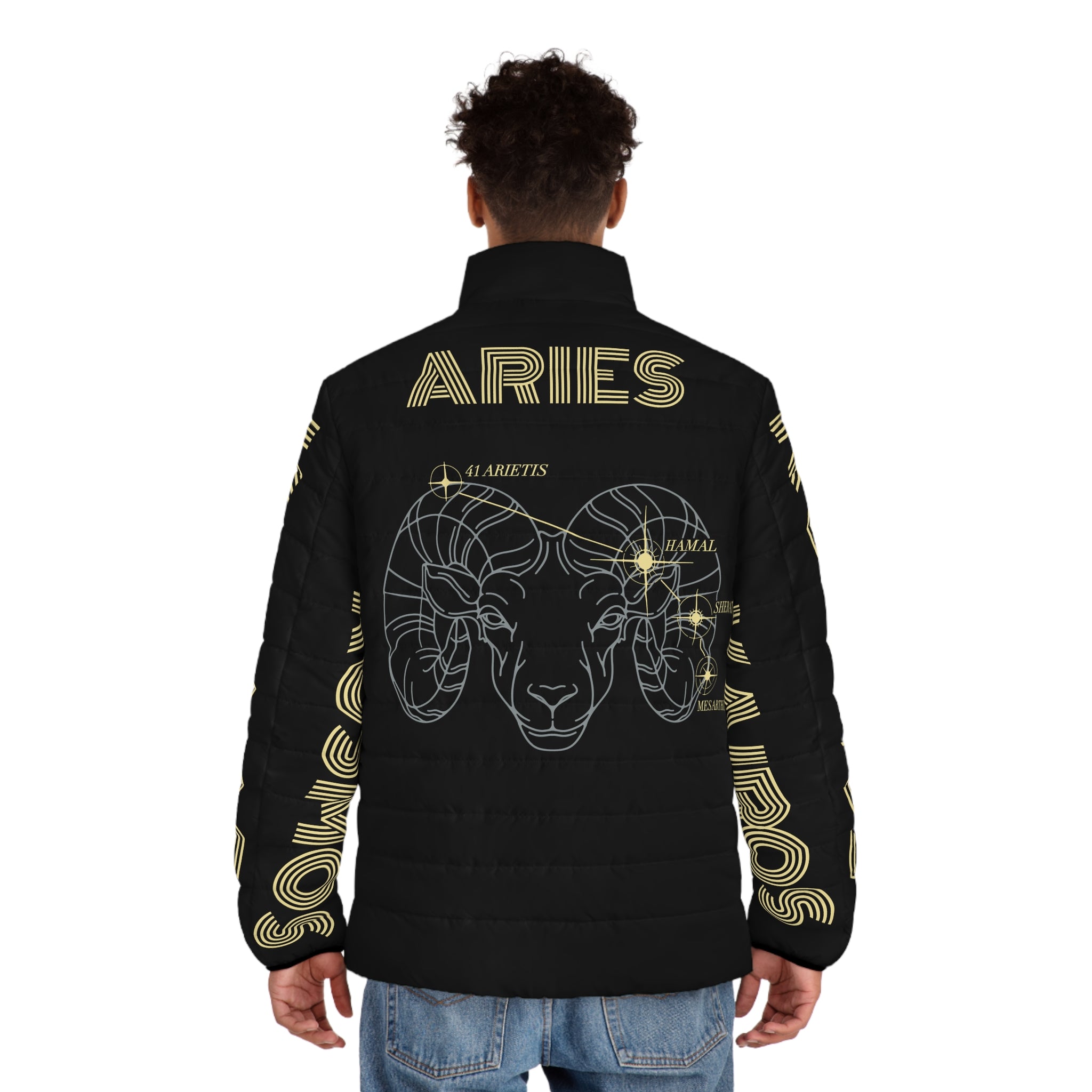 Aether Collection BLACK Aries Puffer Jacket – Zodiac Ram Graphic Men's Jacket