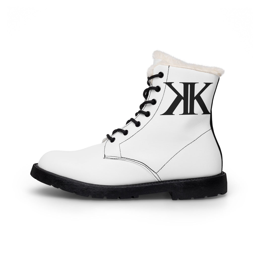White Fur-Lined Leather Boots with Black 'KK' Monogram