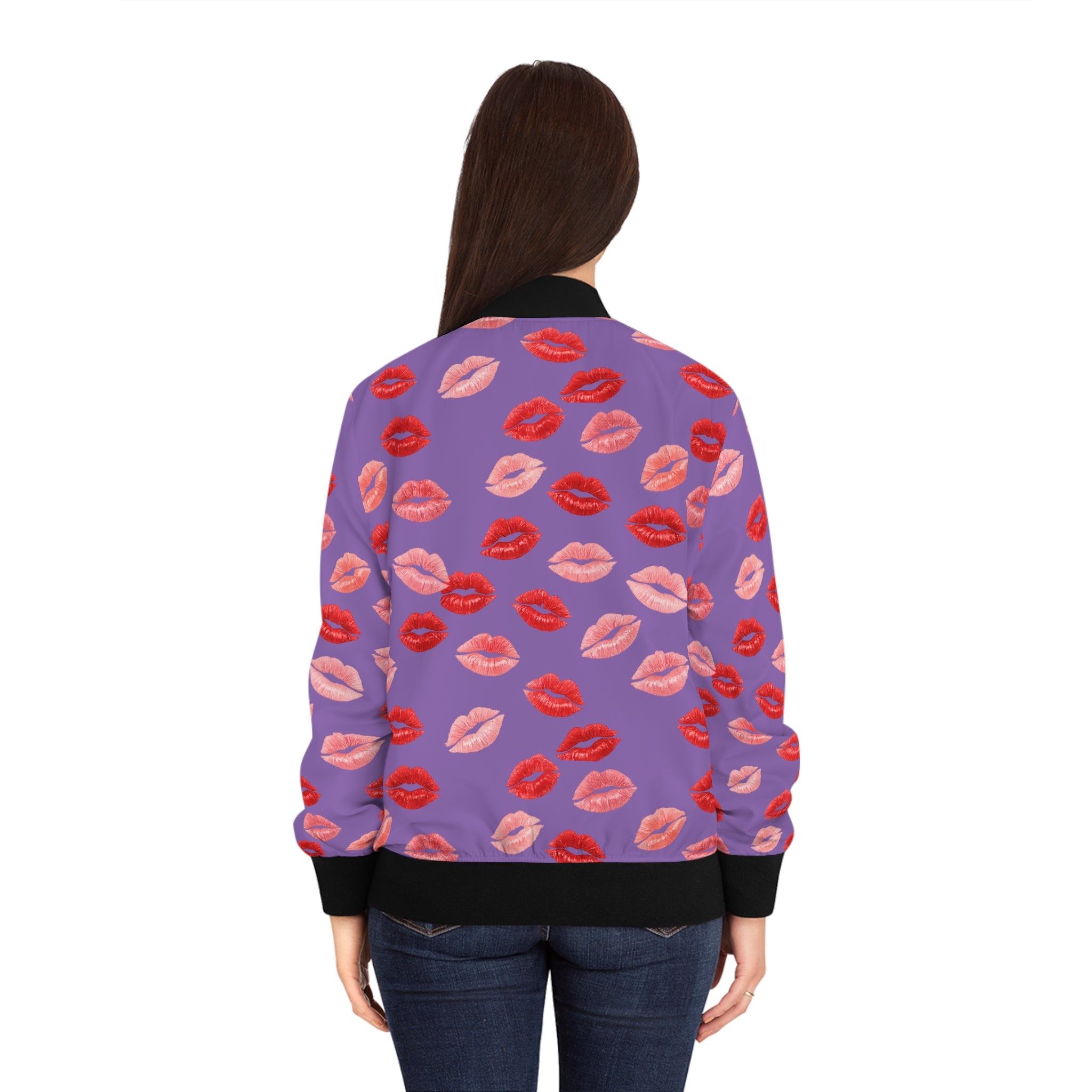 Psyche Collection Light Purple, Kiss Print Uni-Sex Bomber Jacket —  Lipstick Kisses Print