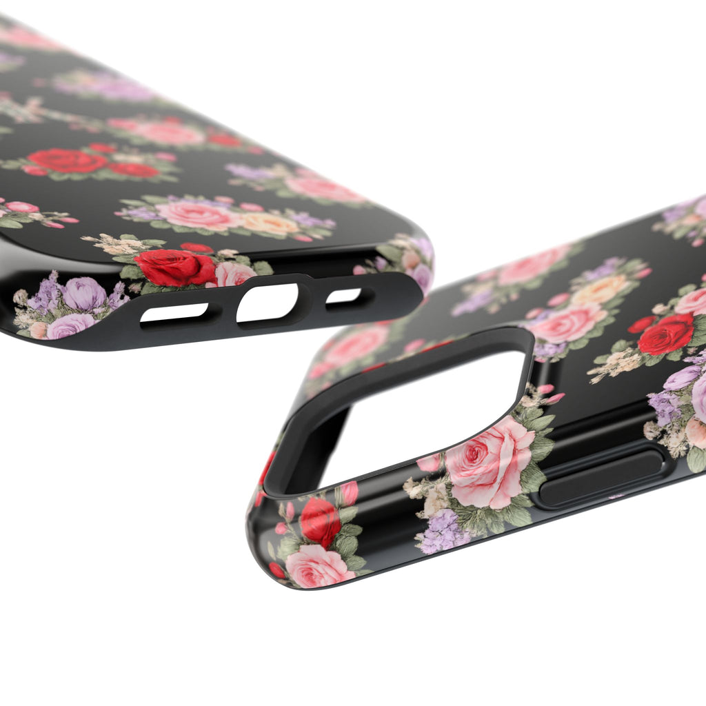 Anthos Collection BLACK Vintage Floral Rose Pattern Magnetic Impact-Resistant Phone Case