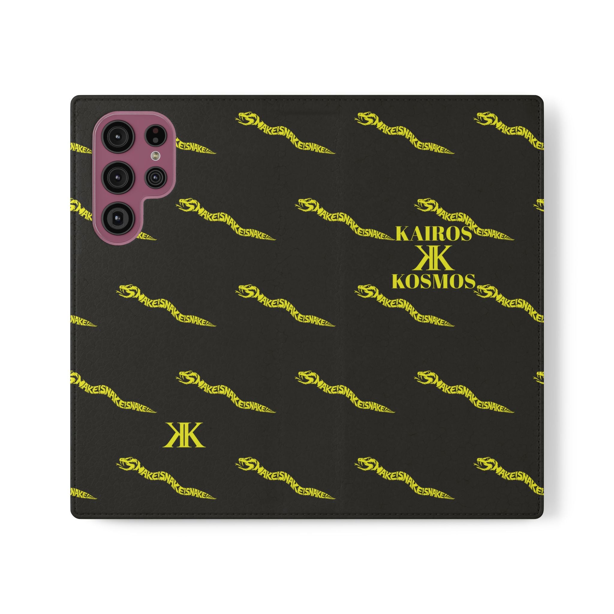 Aspis Collection Flip Case Phone Wallet — Black & Gold Kairos Kosmos Pattern