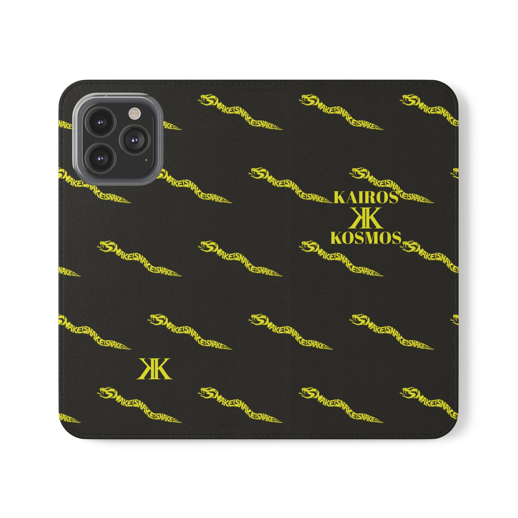 Aspis Collection Flip Case Phone Wallet — Black & Gold Kairos Kosmos Pattern