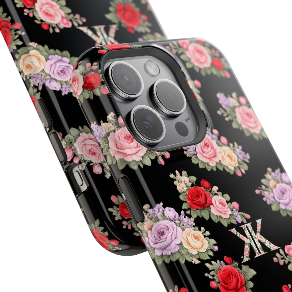 Anthos Collection BLACK Vintage Floral Rose Pattern Magnetic Impact-Resistant Phone Case