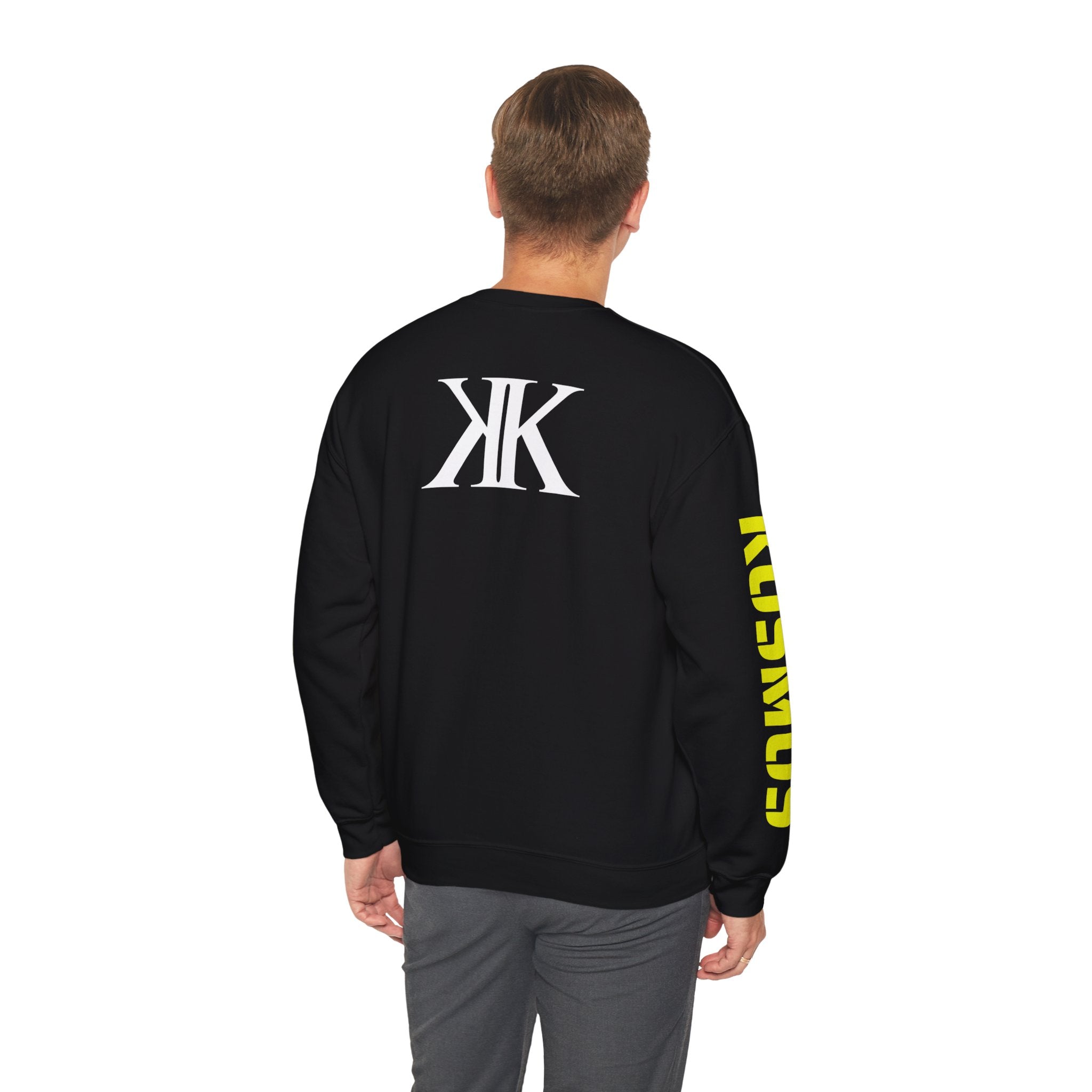 Crewneck Sweatshirt BLACK — Bold KK Logo with Sleeve Text (Kaurde / Kaurde)