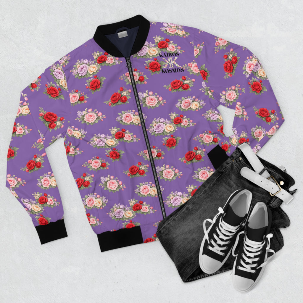 Anthos Collection Floral Rose Light Purple Bomber Jacket — Vintage Pink & Red All-Over Print