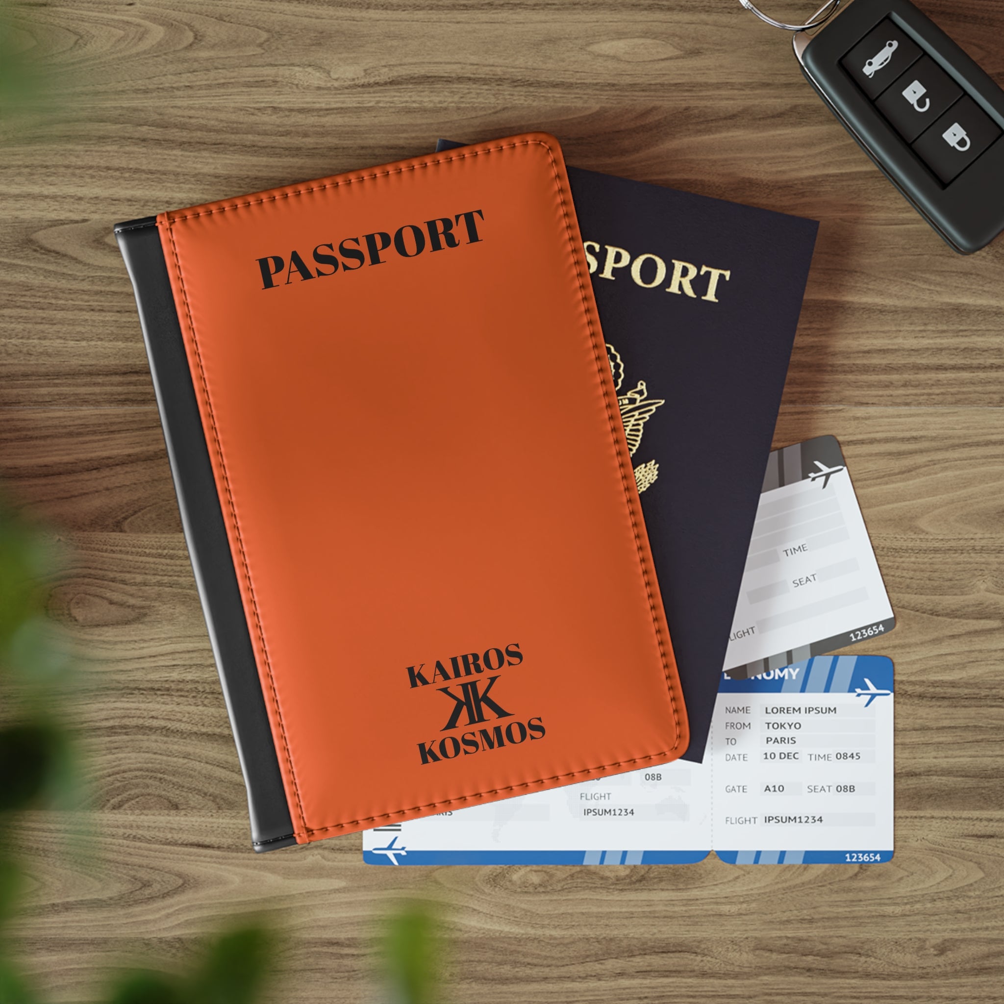 Passport Cover Orange - Minimal 'PASSPORT' Text with Kairos Kosmos Logo