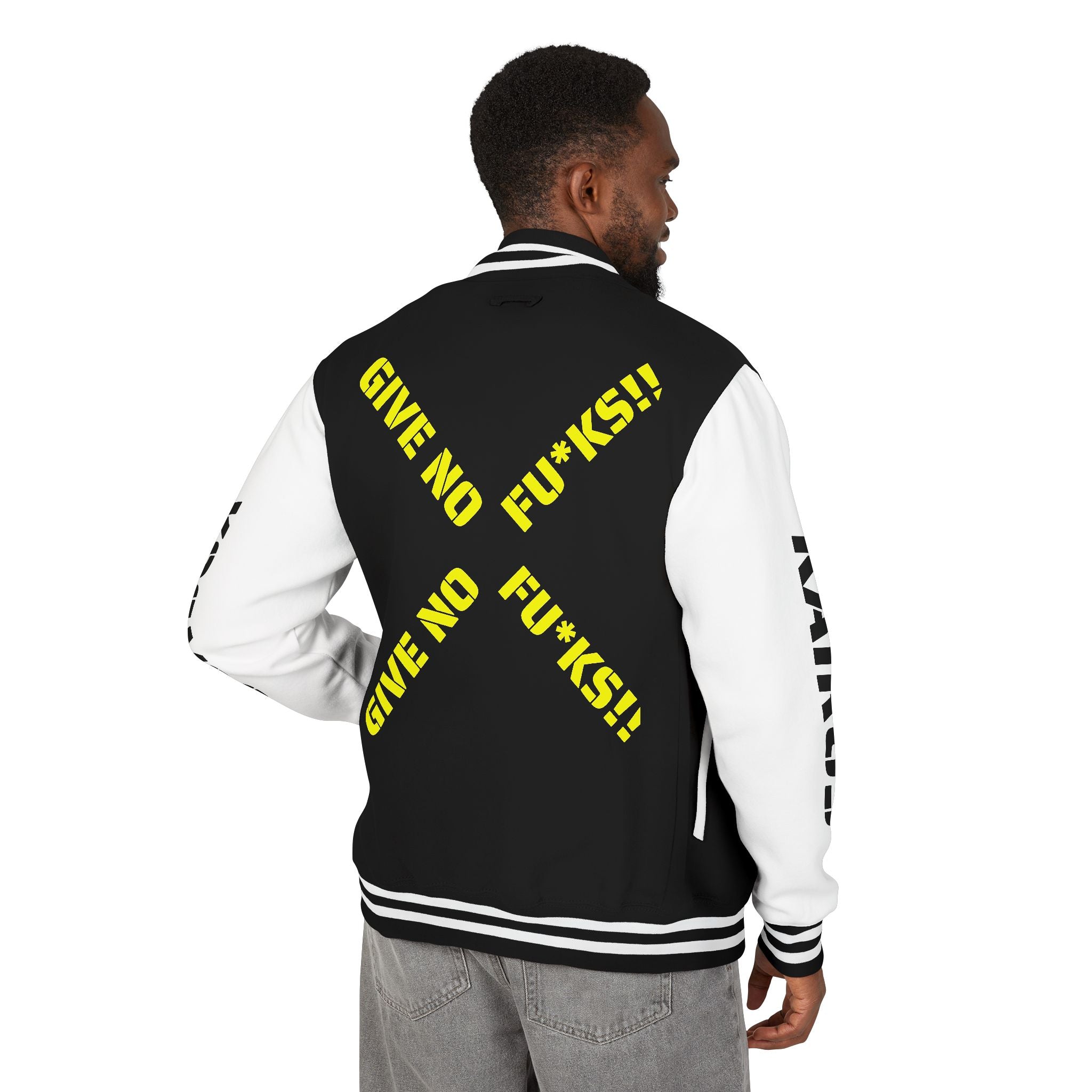 Letterman Jacket BLACK — "Give No Fu*ks" Bold Varsity Bomber