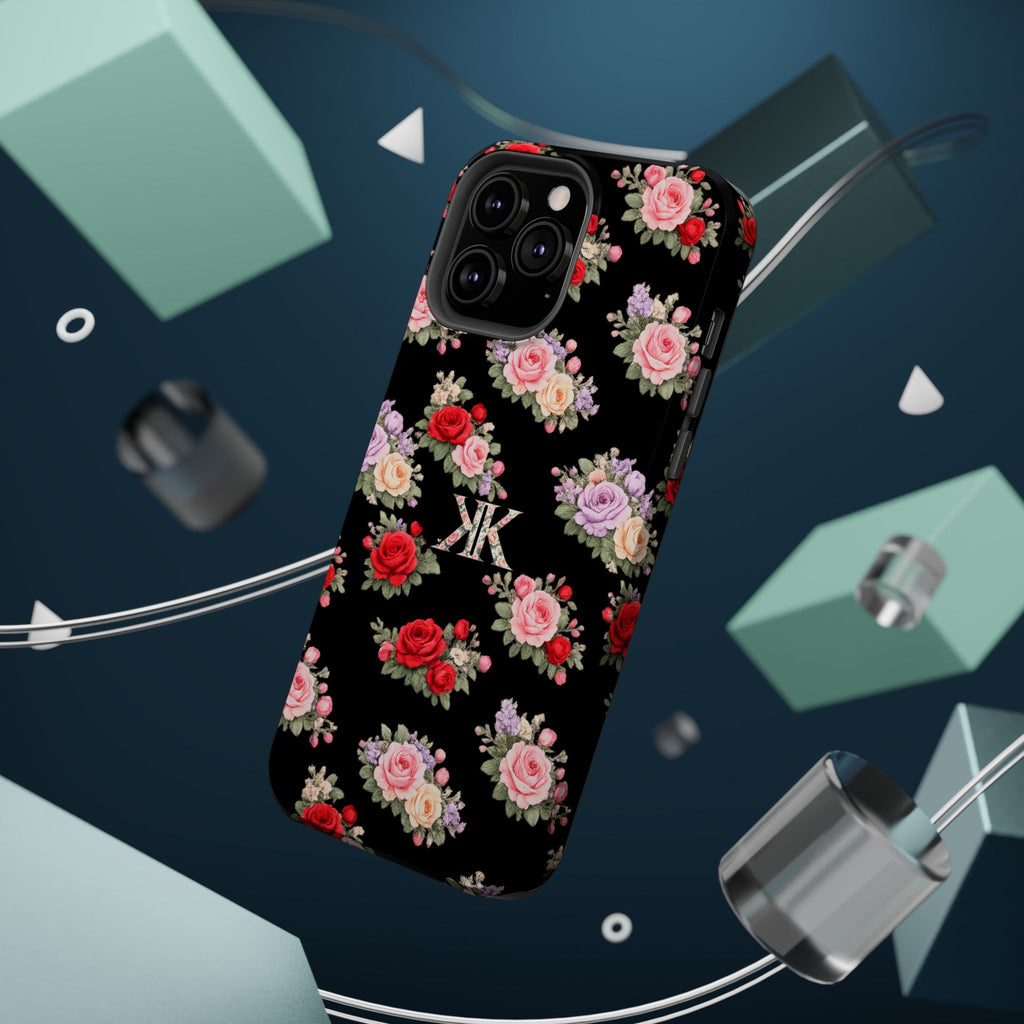 Anthos Collection BLACK Vintage Floral Rose Pattern Magnetic Impact-Resistant Phone Case