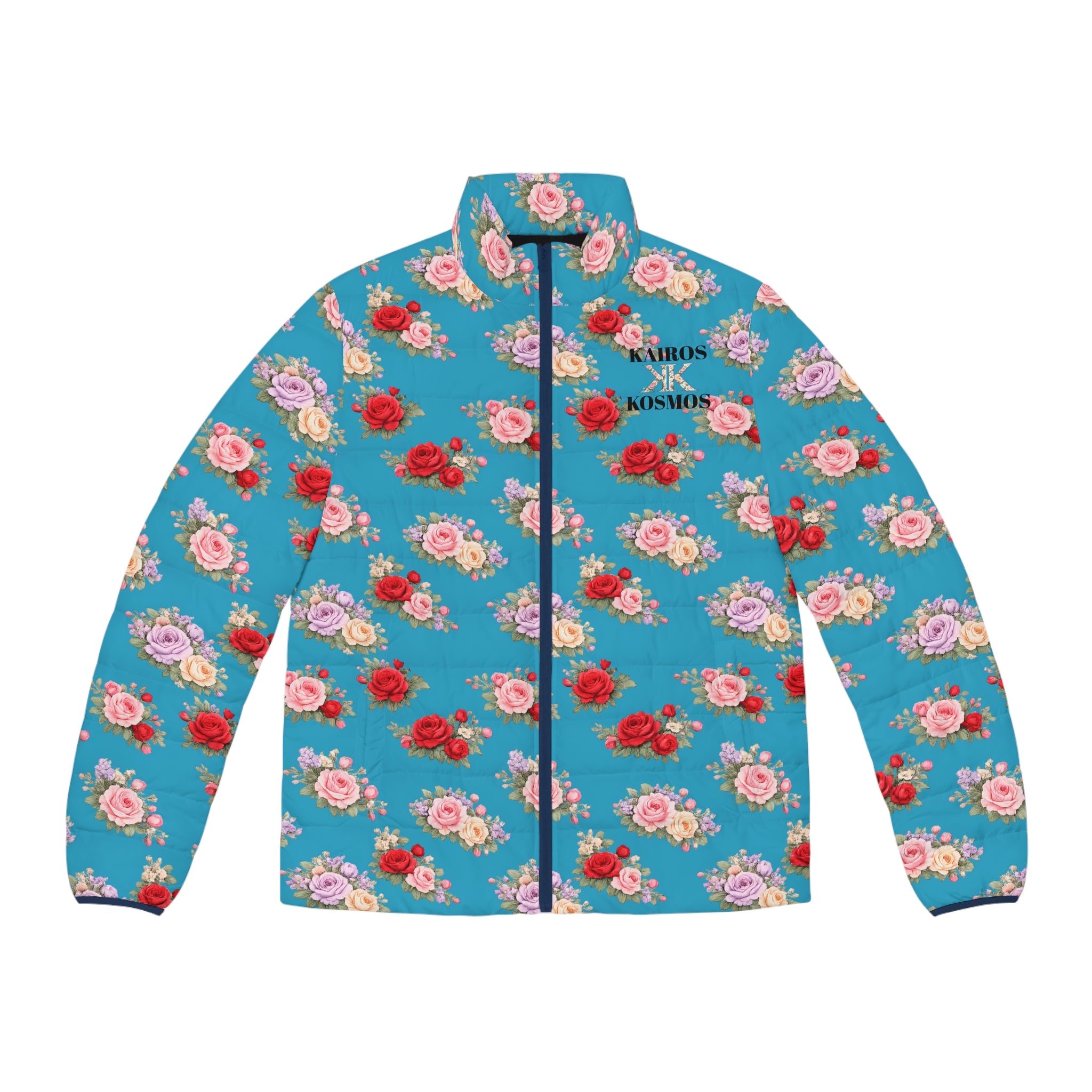 Anthos Collection Turquoise Floral Puffer Jacket - Vintage Rose All-Over Print