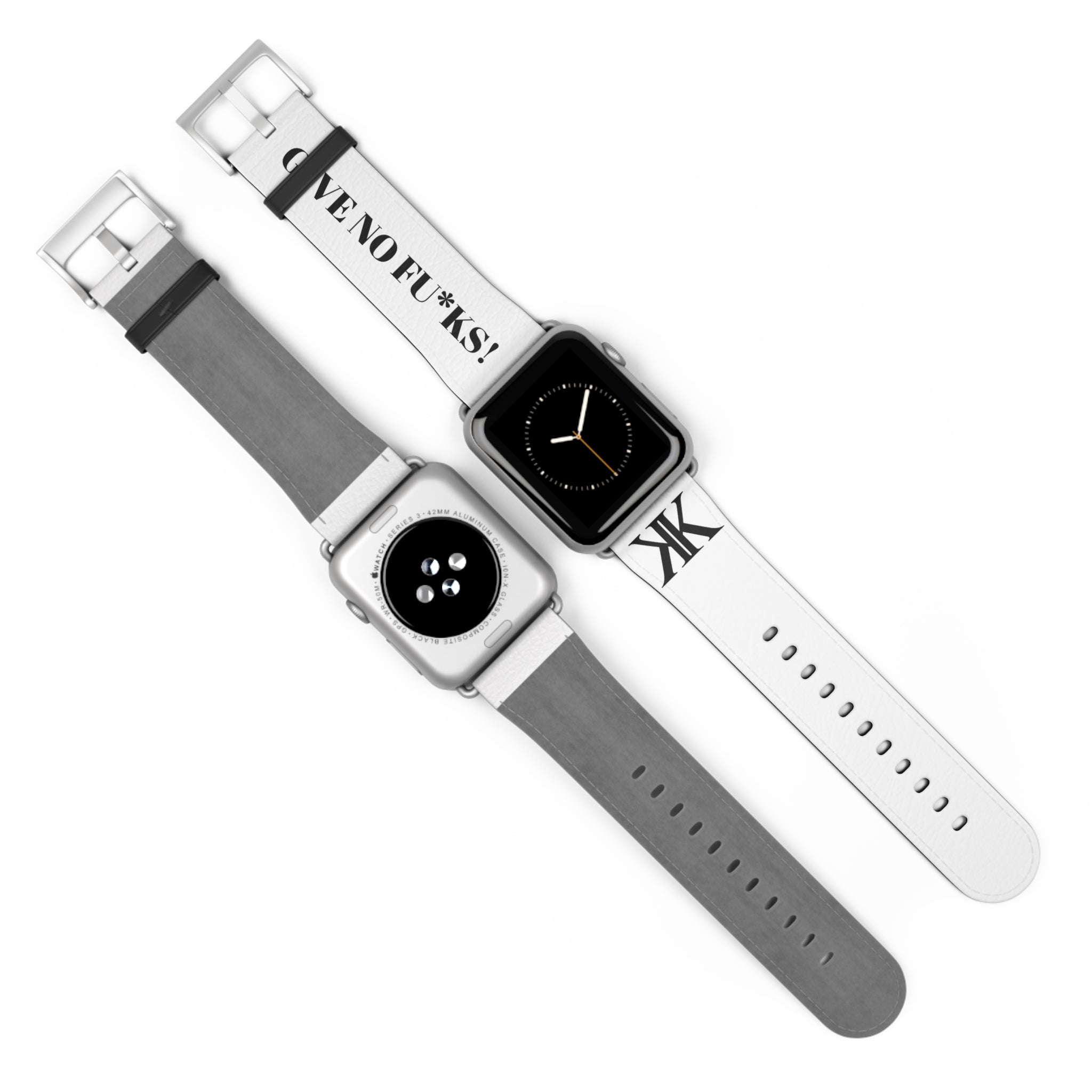 Watch Band — White Leather Strap with "GIVE NO FU*KS!" Text