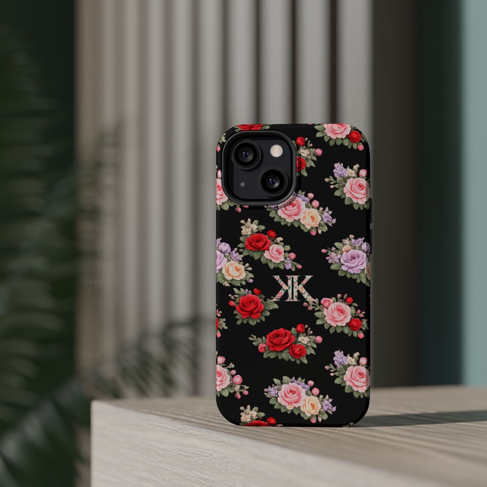 Anthos Collection BLACK Vintage Floral Rose Pattern Magnetic Impact-Resistant Phone Case