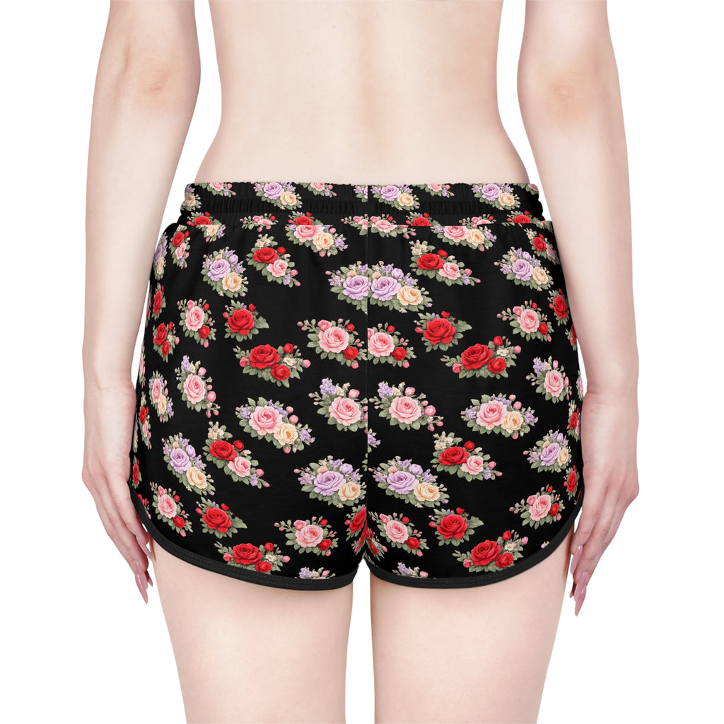 Anthos Collection BLACK Floral Stretch Women's Relaxed Shorts — Vintage Pink & Red Rose All-Over Print