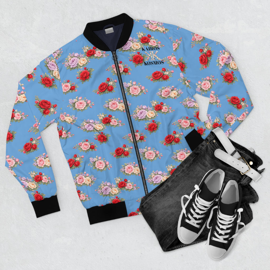 Anthos Collection Floral Rose Light Blue Bomber Jacket — Vintage Pink & Red All-Over Print