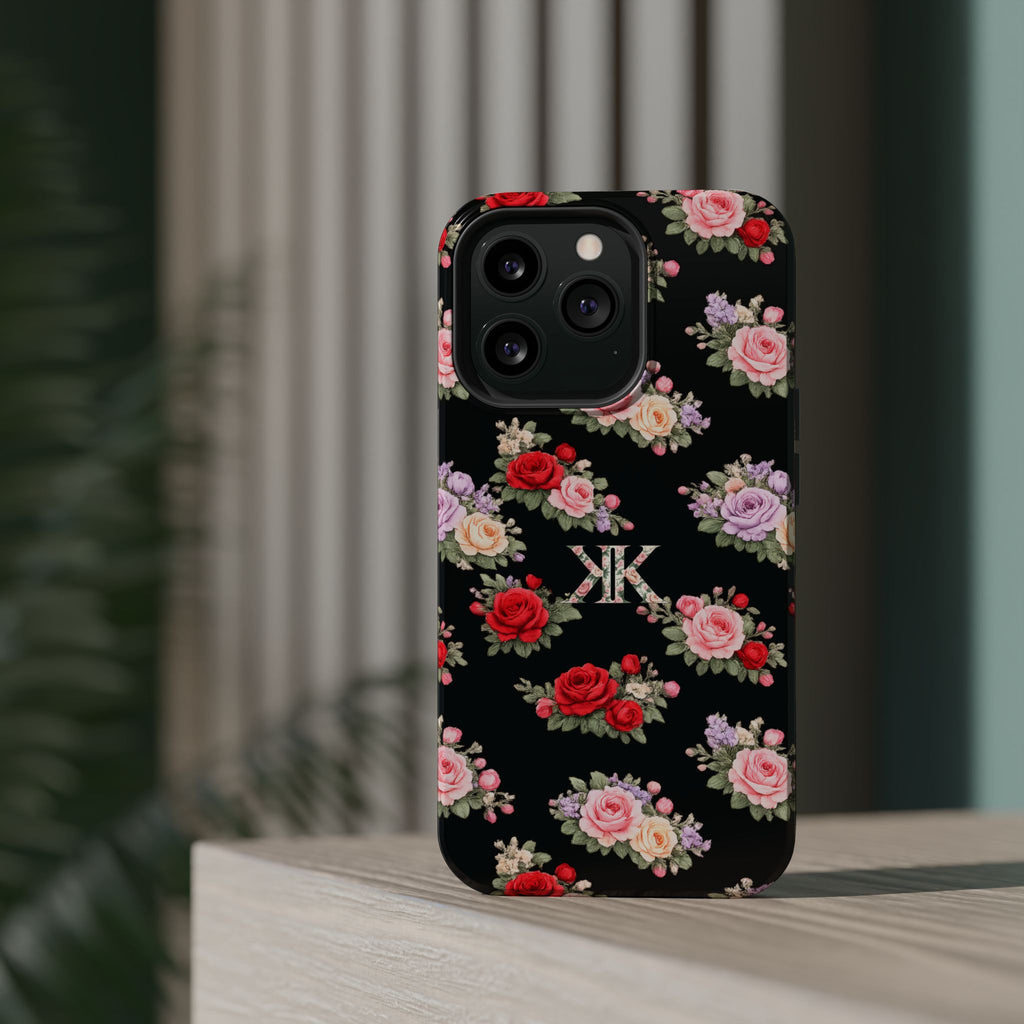 Anthos Collection BLACK Vintage Floral Rose Pattern Magnetic Impact-Resistant Phone Case