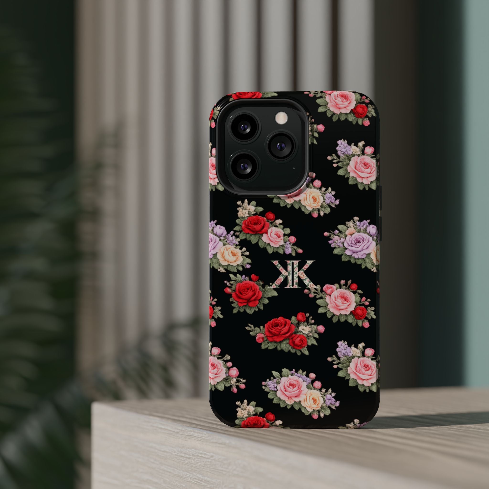 Anthos Collection BLACK Vintage Floral Rose Pattern Magnetic Impact-Resistant Phone Case